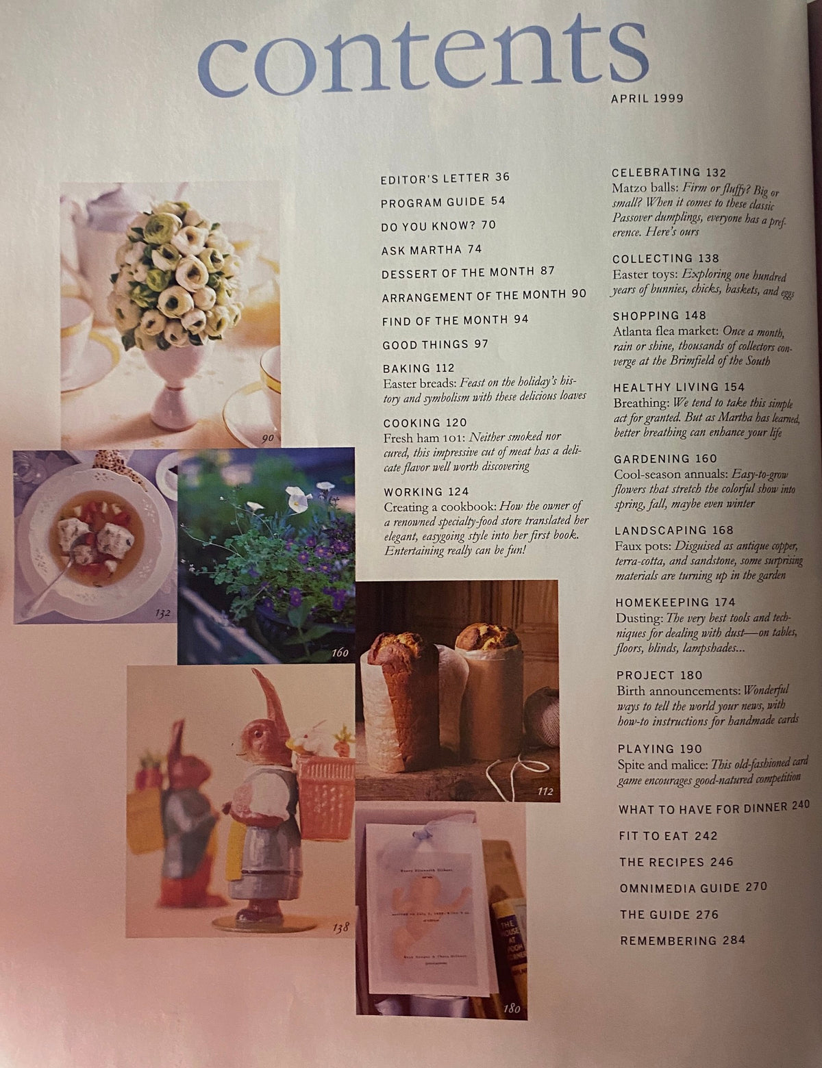 Contents page of Martha Stewart Living Magazine April 1999 detailing articles on baking, cooking, gardening, and homekeeping.