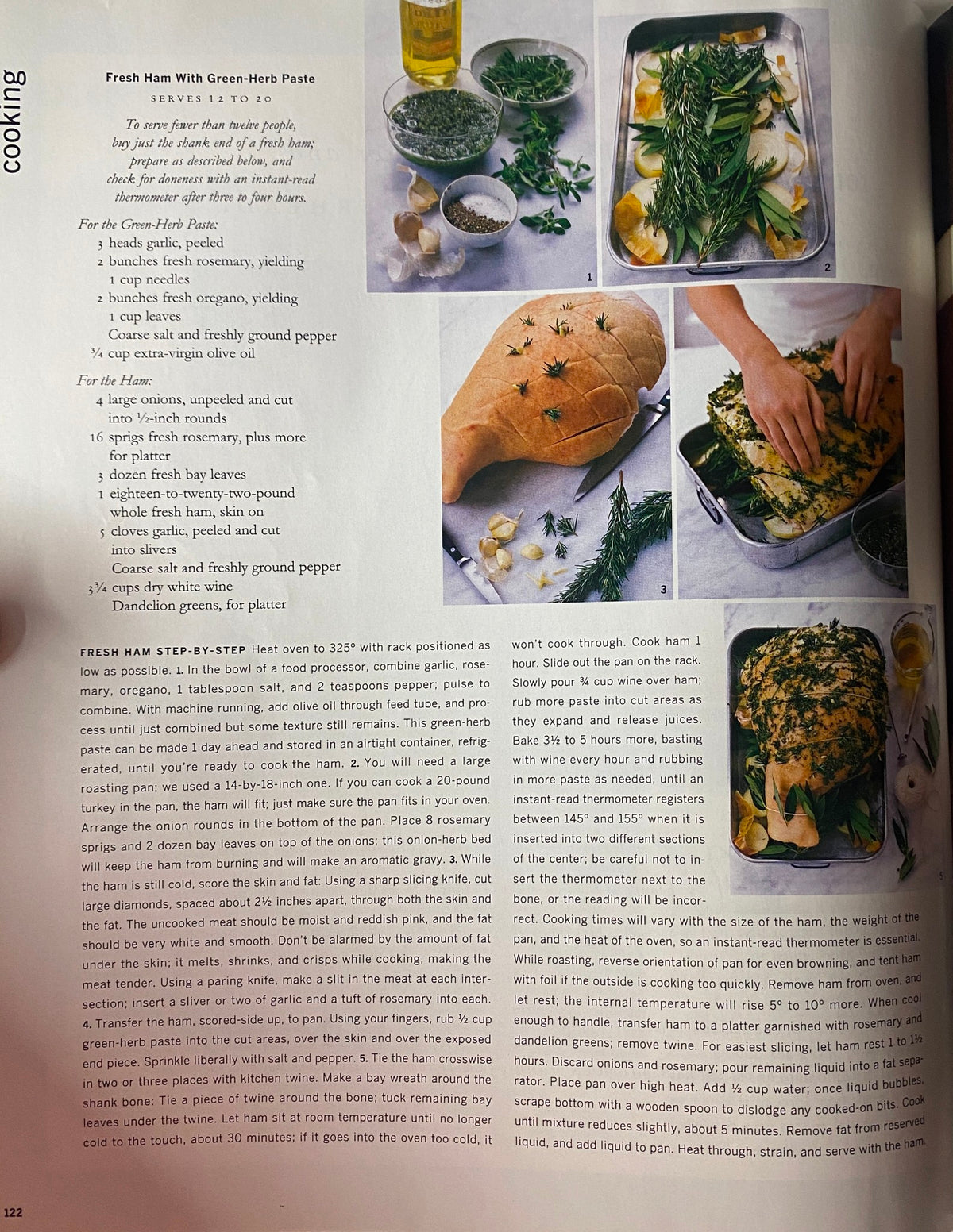 Cooking page from Martha Stewart Living Magazine April 1999 showcasing a recipe for Fresh Ham with Green-Herb Paste.