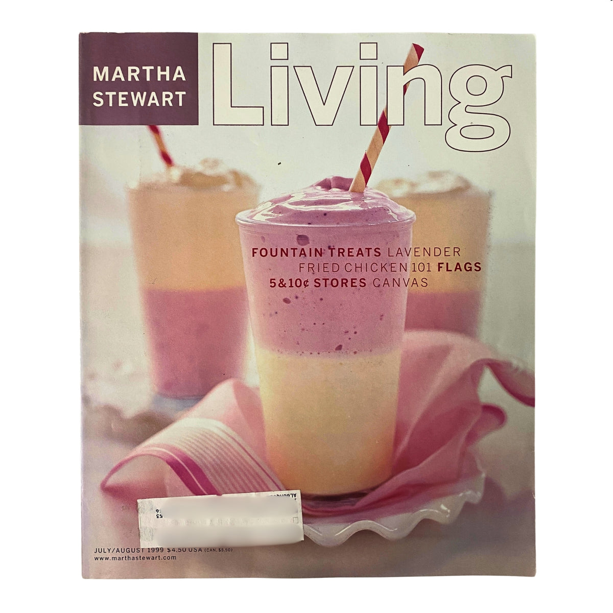Cover of Martha Stewart Living Magazine, July 1999, featuring summer theme with lavender fountain treats, fried chicken 101, and colorful drinks in decorative glasses.
