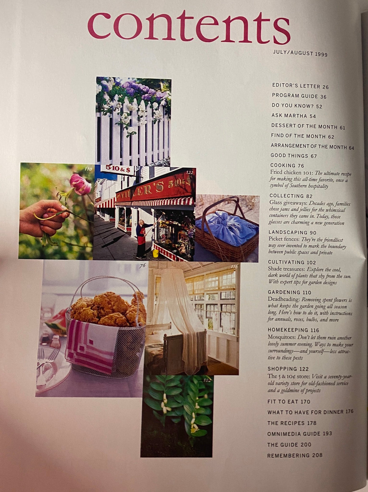 Contents page of Martha Stewart Living Magazine, July/August 1999 featuring articles on cooking, gardening, and seasonal inspirations.