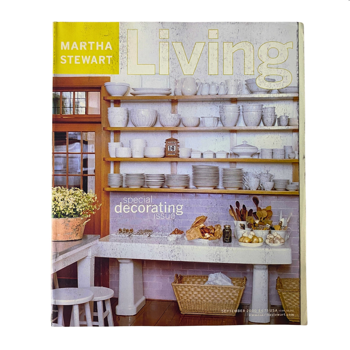 Cover of Martha Stewart Living Magazine September 2000 Decorating Issue showcasing a curated kitchen display with white dishware and a rustic table setting.