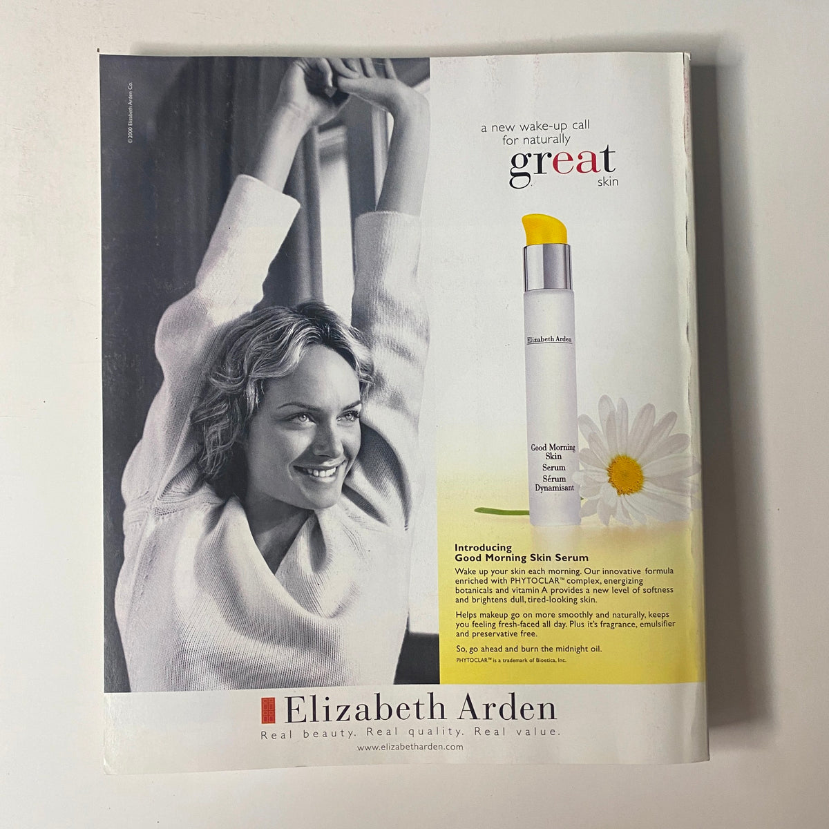 Advertisement page from Martha Stewart Living Magazine September 2000 featuring Elizabeth Arden's Good Morning Skin Serum, promoting natural skin beauty.