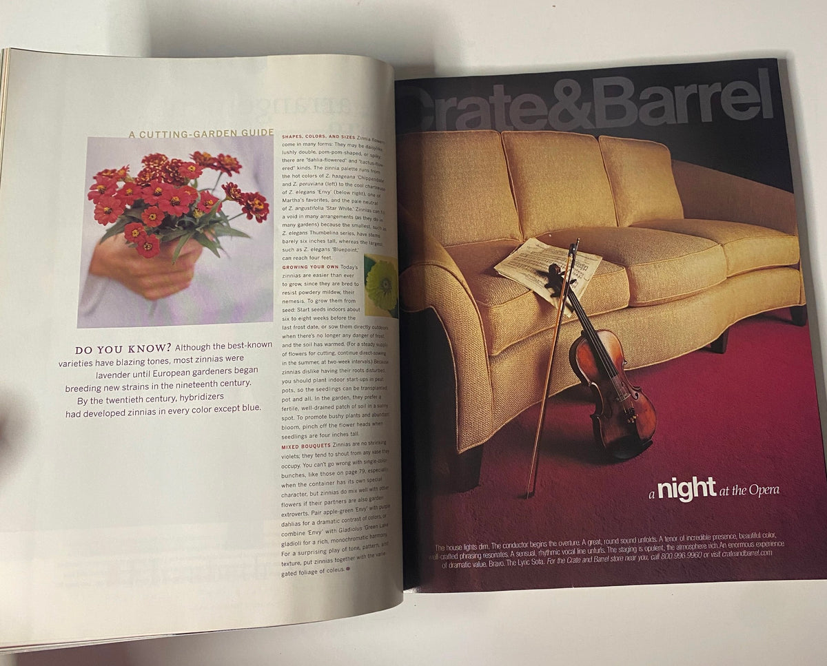 Feature page from Martha Stewart Living Magazine October 2000, showcasing a cutting-garden guide alongside a modern living room setting. Includes floral arrangements and decor ideas.