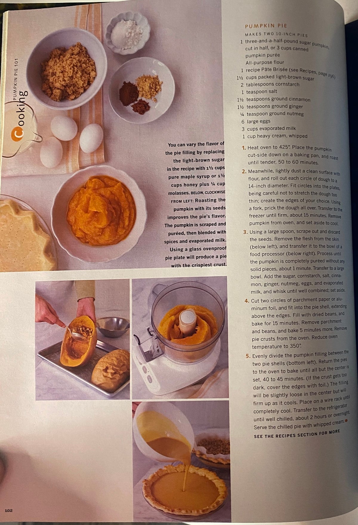 Recipe page from Martha Stewart Living Magazine November 2000 featuring a guide for making pumpkin pie with ingredients and step-by-step instructions.