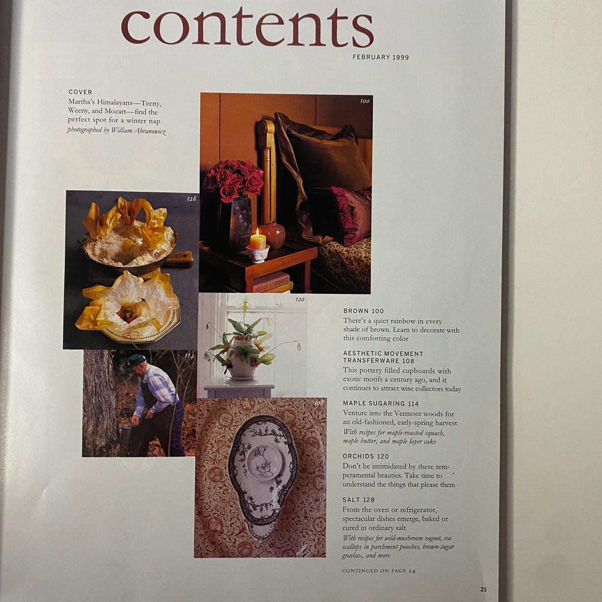 Contents page of Martha Stewart Living Magazine February 1999, highlighting articles on home décor, aesthetic movement transferware, maple sugaring, and gardening, reflecting the vintage charm and creativity of the magazine.