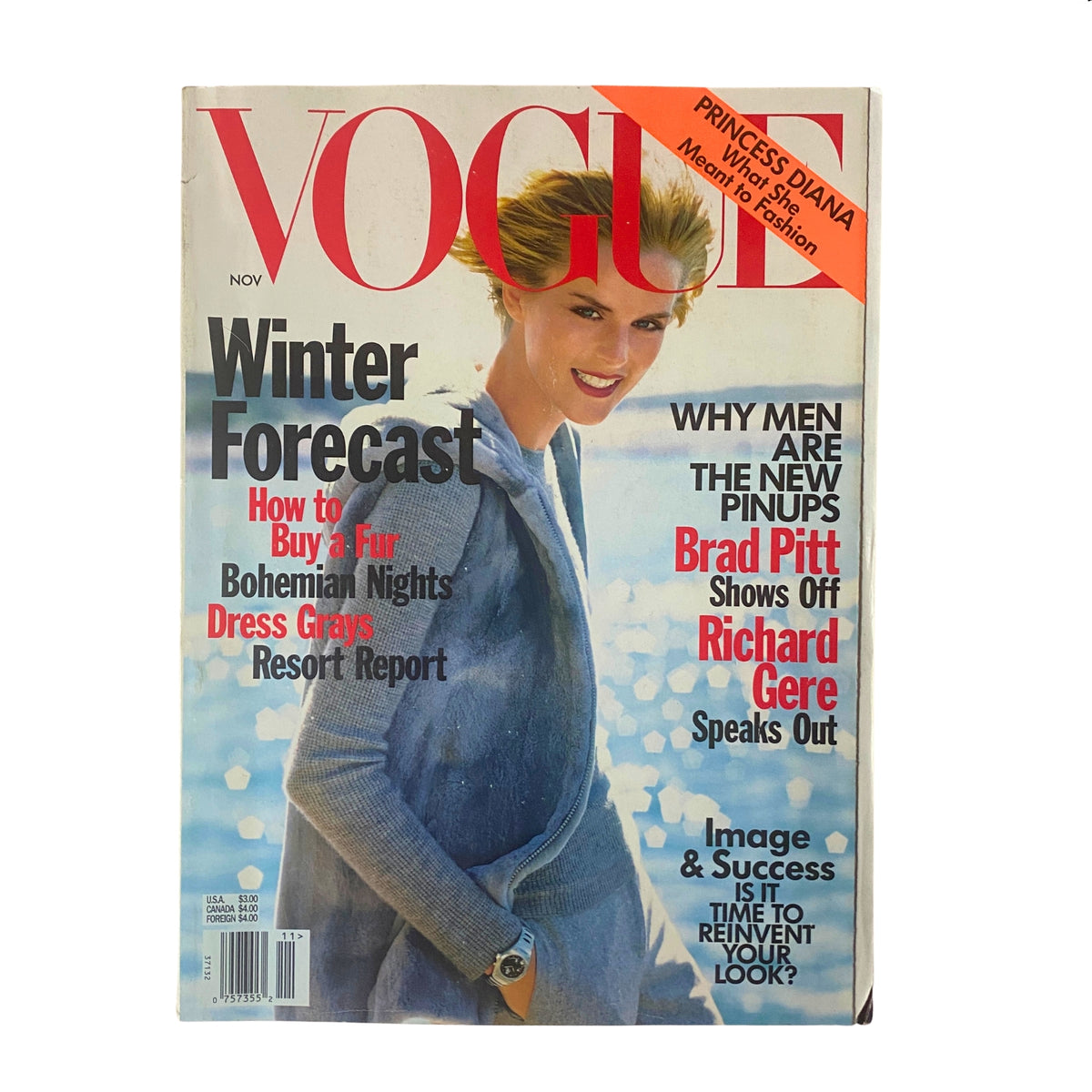 Vogue Magazine November 1997 cover featuring Stella Tennant, highlighting winter fashion forecast, including articles on fur buying, lifestyle, and prominent celebrities like Brad Pitt and Richard Gere.