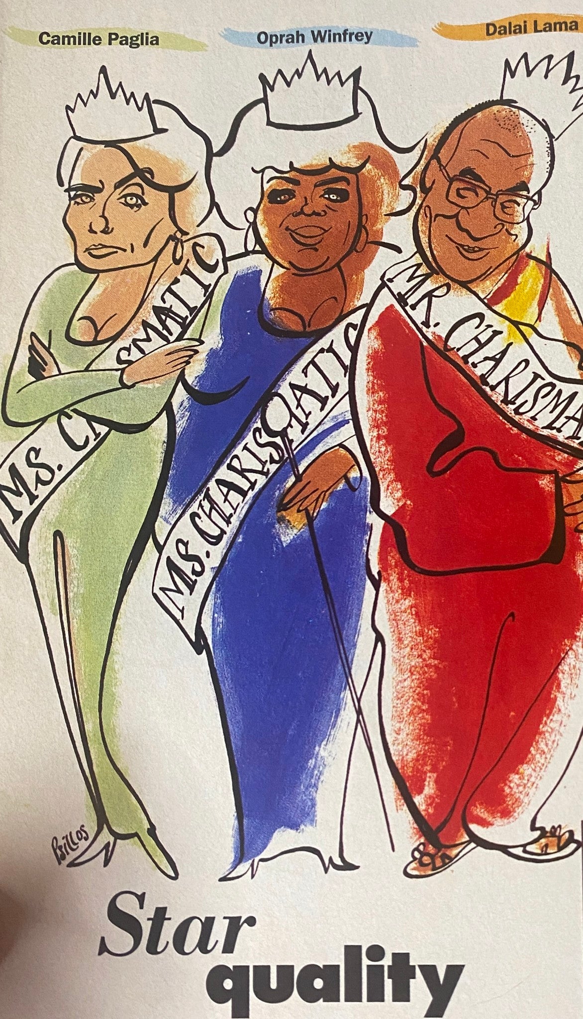 An illustrated page from Self Magazine depicting a comedic interpretation of influential figures, featuring the title 'Self Magazine November 1993 Stephanie Seymour Cover No Label'. Characters are adorned with crowns and labels such as 'Ms. Charismatic', including names like Oprah Winfrey and Camille Paglia.