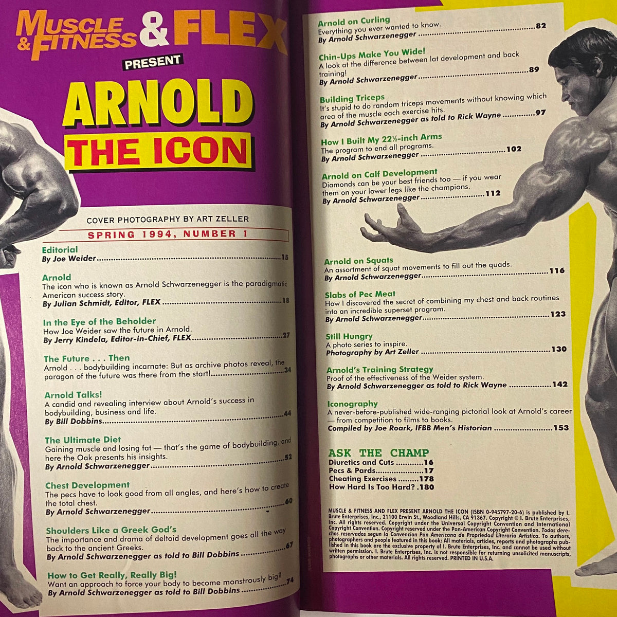 Inside page of Muscle & Fitness and Flex Magazine Spring 1994 dedicated to Arnold Schwarzenegger. The page lists editorial content and features comprehensive topics on bodybuilding, training, and nutrition.