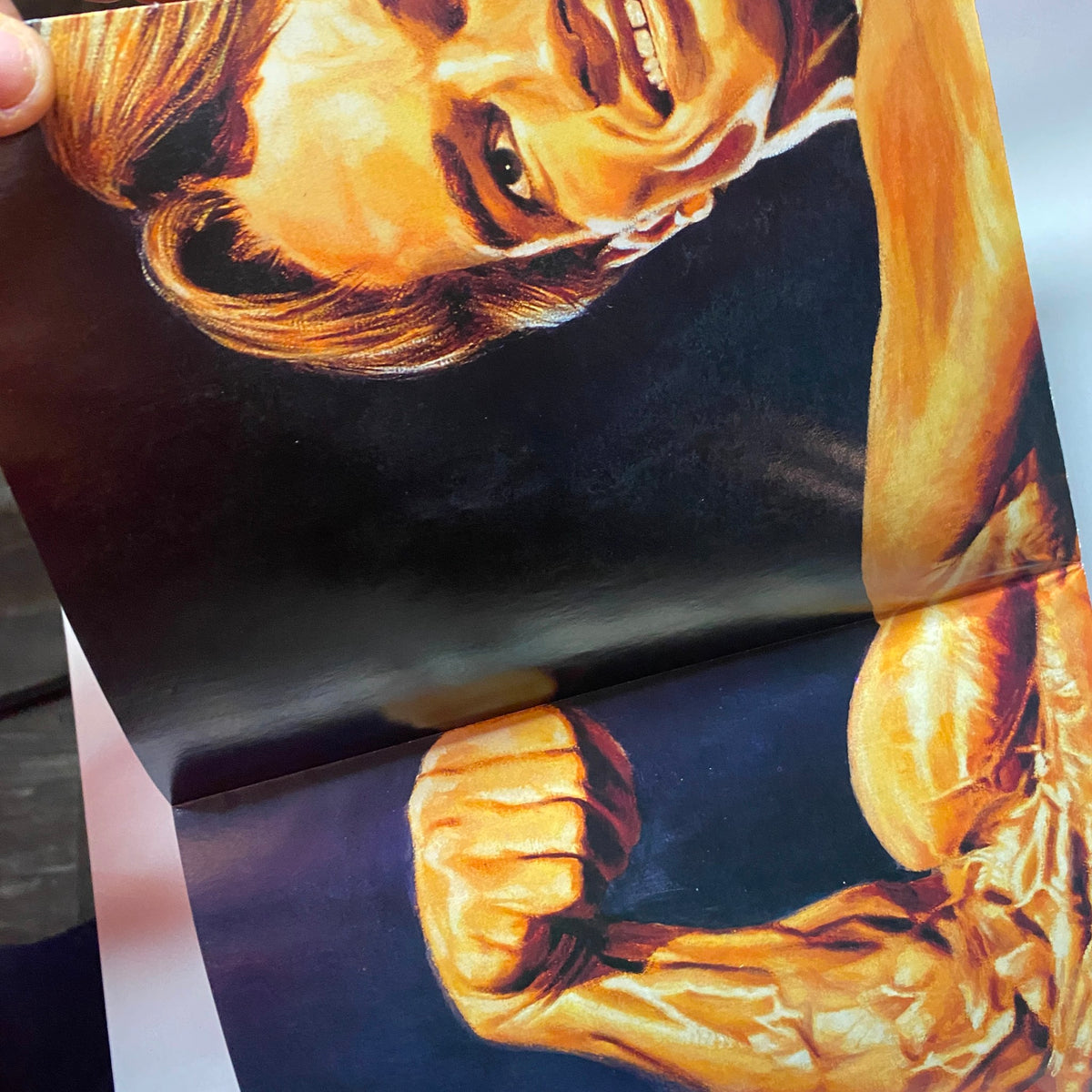 A vibrant illustration from the Muscle & Fitness and Flex Magazine Spring 1994 titled 'Arnold the Icon', showcasing Arnold Schwarzenegger flexing with a confident smile.