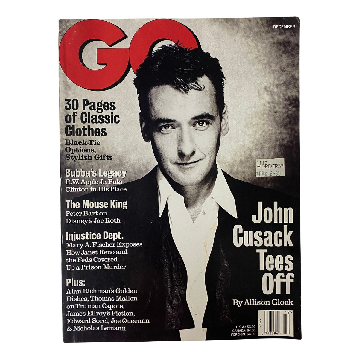 GQ Magazine December 1997 featuring John Cusack on the cover, showcasing key articles and highlights from the issue, including fashion and cultural insights.