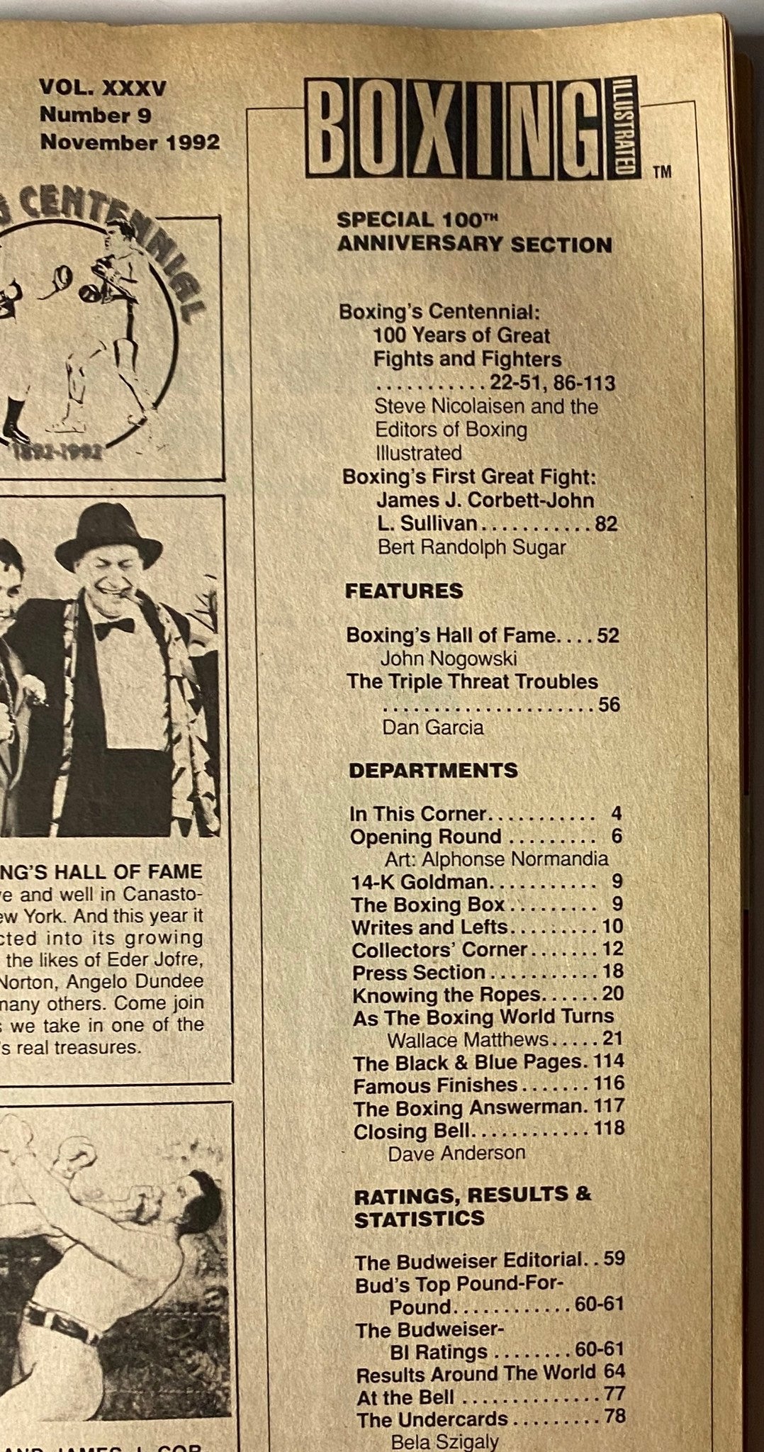 Table of contents page from Boxing Illustrated Magazine, November 1992, highlighting the special 100th Anniversary section and features including 'Boxing's Hall of Fame' and 'The Triple Threat Troubles'.