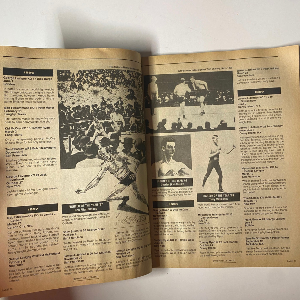 Inside page of Boxing Illustrated Magazine, November 1992, detailing significant boxing events from 1896 to 1899, celebrating the centennial of boxing's history.