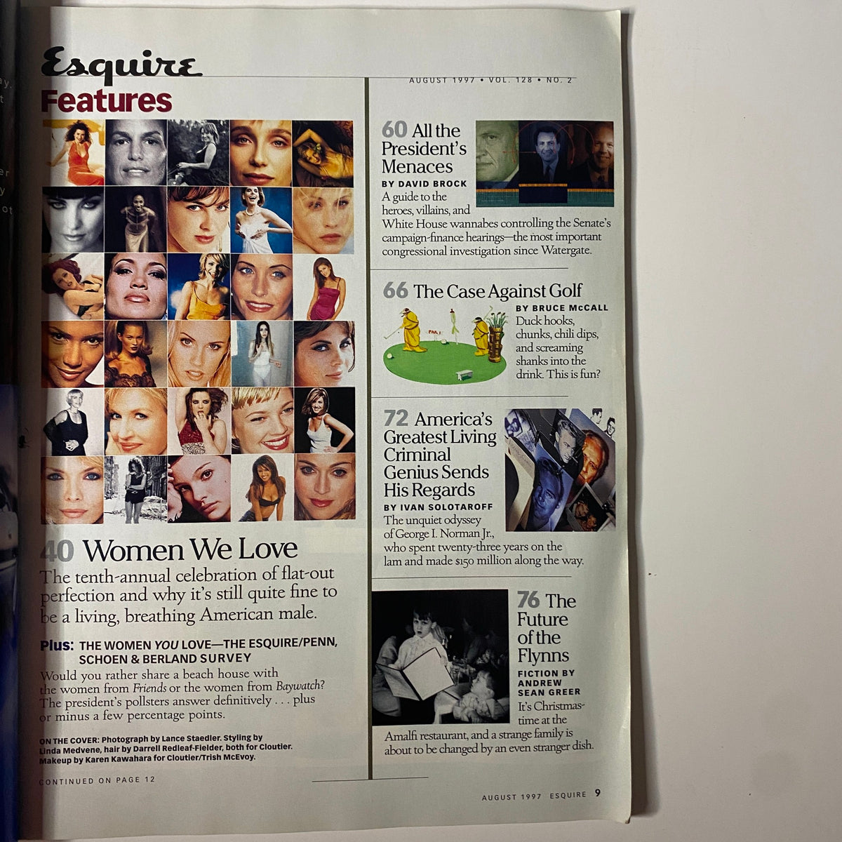 Page featuring noteworthy articles in Esquire Magazine August 1997, including discussions on 'All the President's Menaces' and 'The Case Against Golf', showcasing the magazine's engaging content.