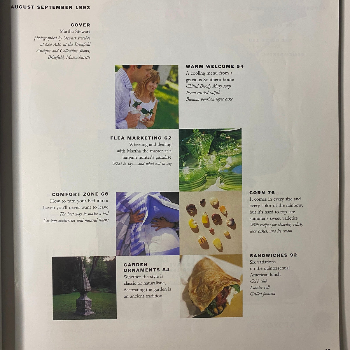 Interior page of Martha Stewart Living Magazine September 1993 detailing featured articles such as Flea Marketing and Garden Ornaments.