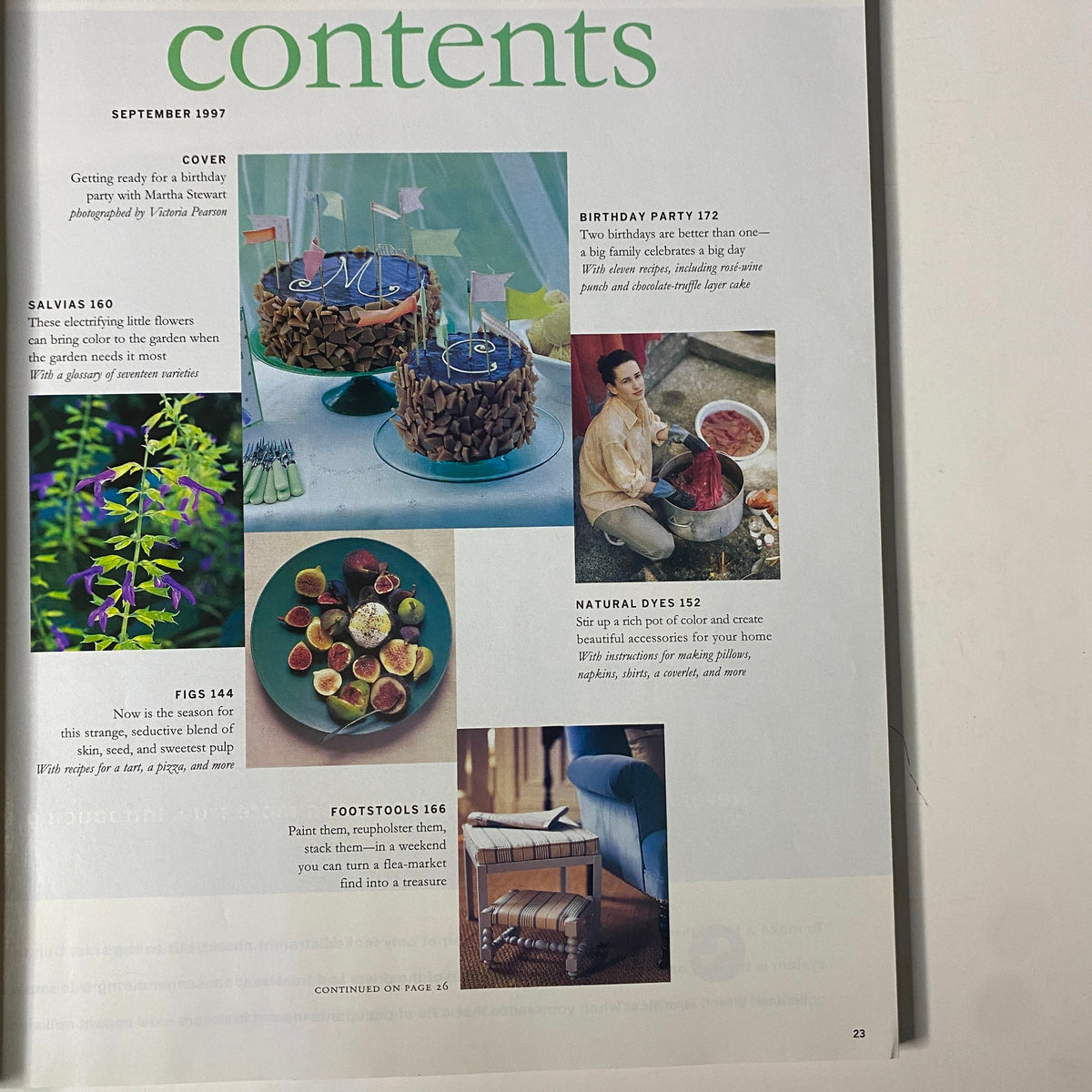 Contents page of Martha Stewart Living Magazine September 1997, highlighting articles on birthday party ideas, salvia flowers, figs, natural dyes, and footstools.