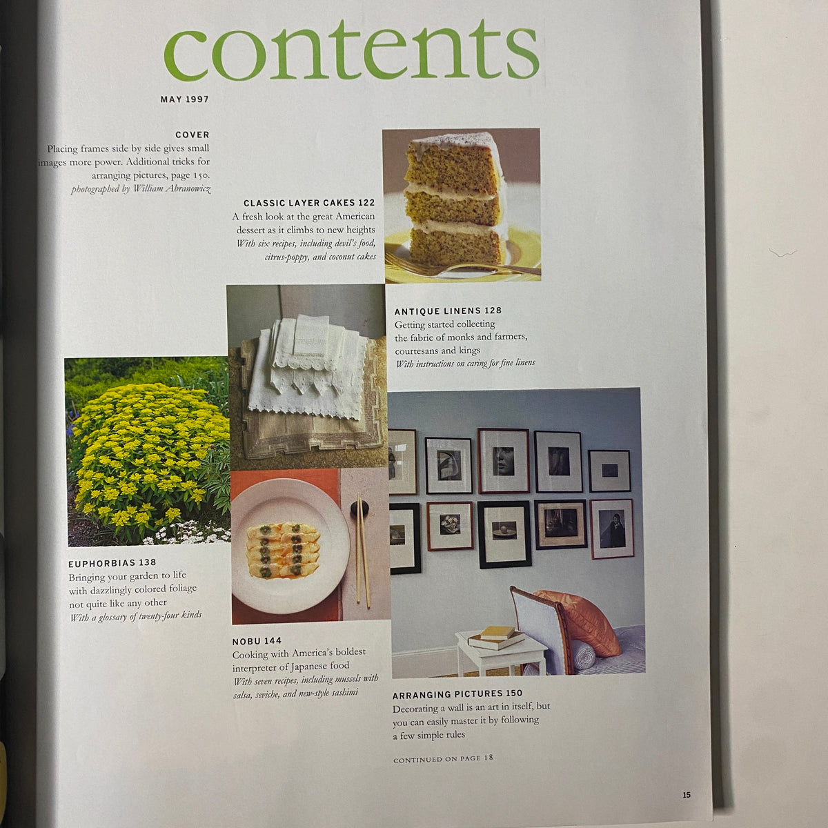 Martha Stewart Living Magazine May 1997 contents page featuring sections on classic layer cakes, antique linens, euphorbias, Nobu recipes, and picture arranging tips.