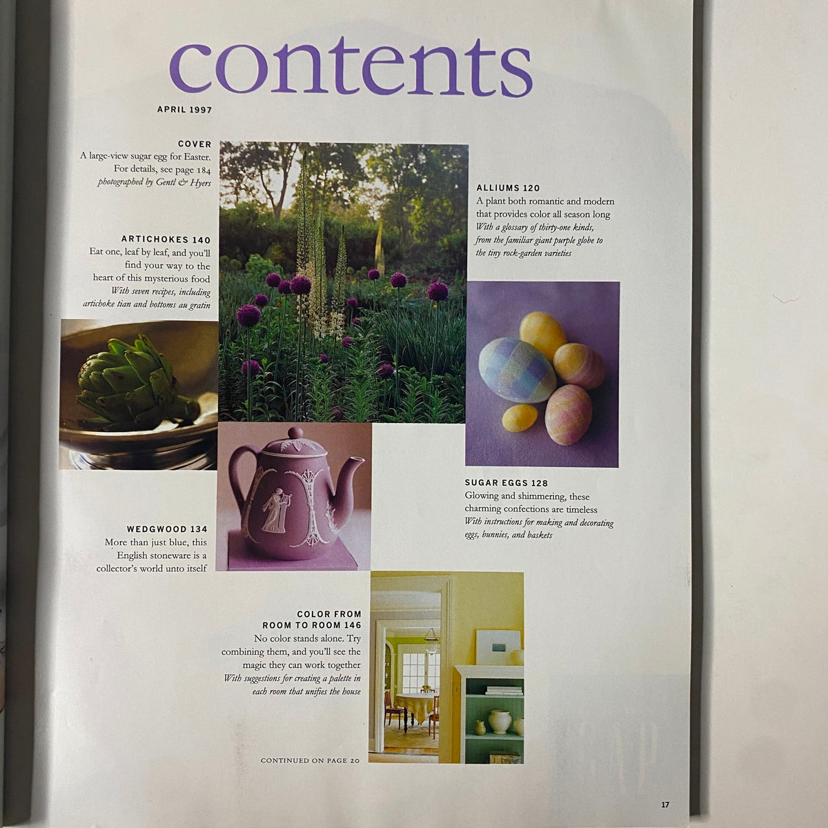 Contents page of Martha Stewart Living Magazine, April 1997, highlighting featured articles including sugar eggs, alliums, and wedgwood, emphasizing gardening, culinary, and decorating topics.