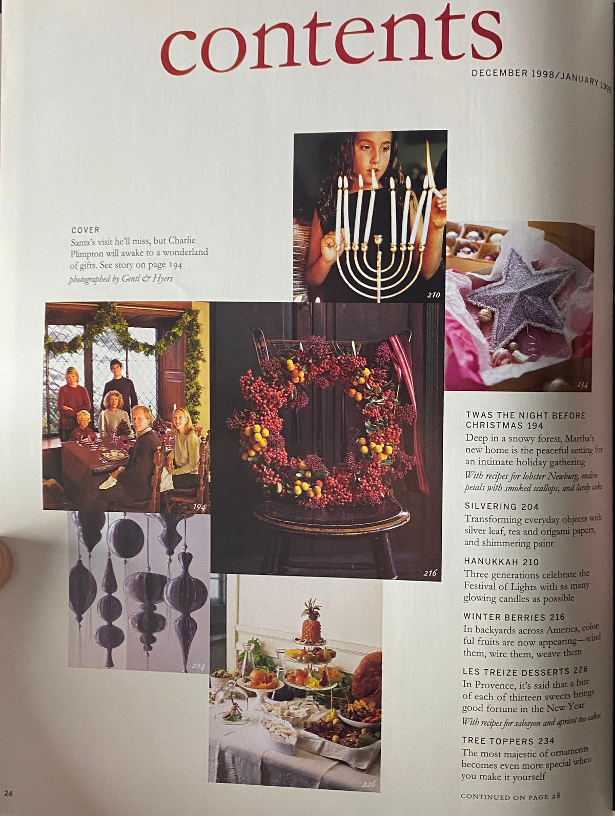 Contents page of Martha Stewart Living Magazine December 1998 featuring articles and photographs related to Christmas celebrations and holiday decor.