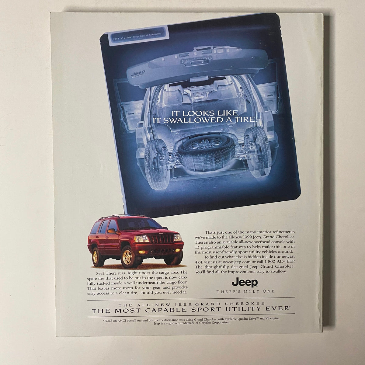Vintage advertisement for the 1999 Jeep Grand Cherokee featuring a humorous tagline "It looks like it swallowed a tire," showcasing the vehicle's innovative storage solutions and interior design.