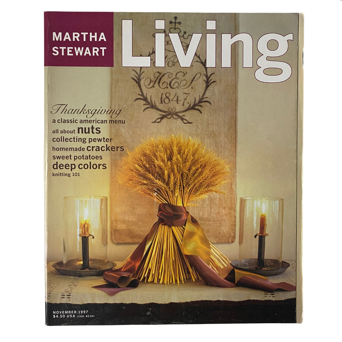 Cover of Martha Stewart Living Magazine November 1997 showcasing a Thanksgiving-themed design featuring a dowry sack and wheat centerpiece.