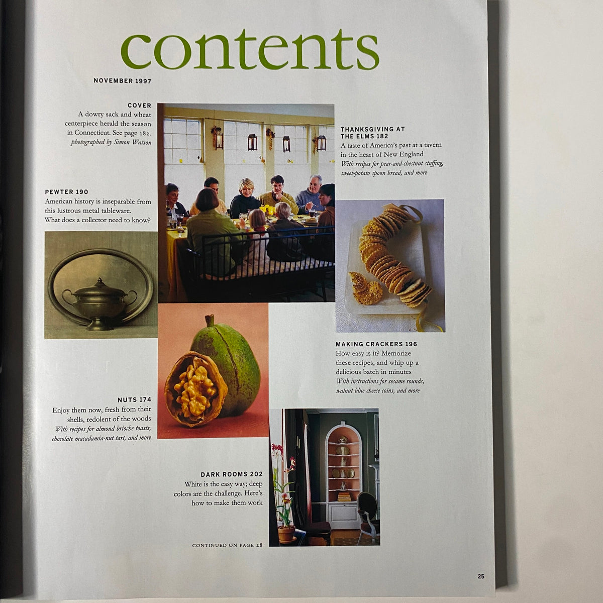 Contents page of Martha Stewart Living Magazine November 1997 highlighting articles on Thanksgiving, pewter, nuts, and homemade crackers.