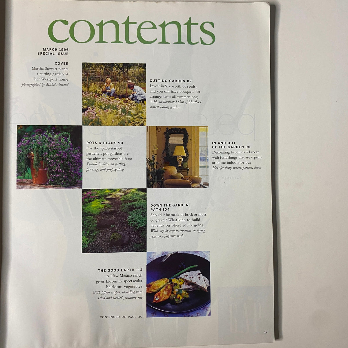 Contents page of Martha Stewart Living Magazine March 1996, listing articles on gardening, home decor, and seasonal recipes.