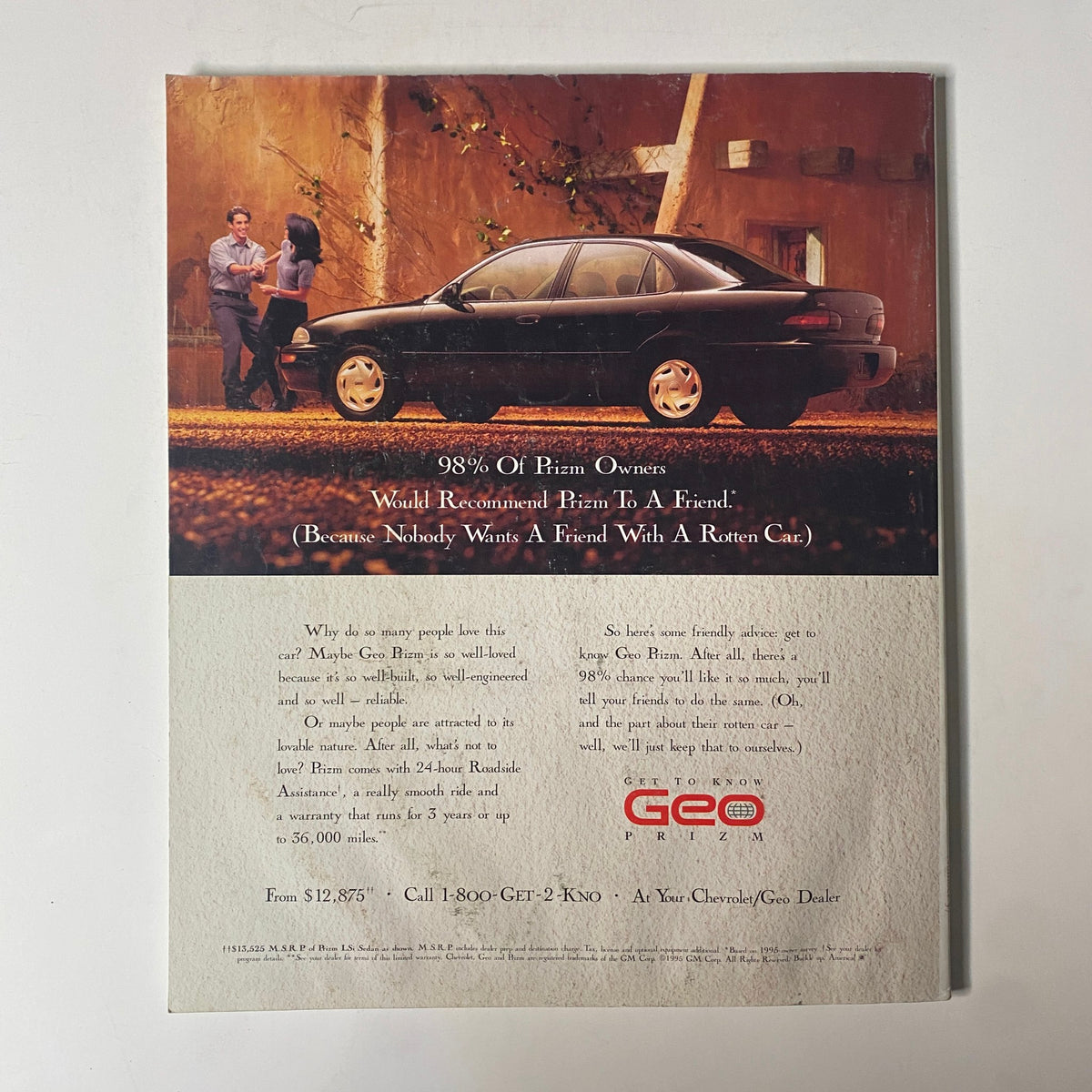 Advertisement page from Martha Stewart Living Magazine March 1996 for the Geo Prizm, highlighting customer satisfaction and car features.