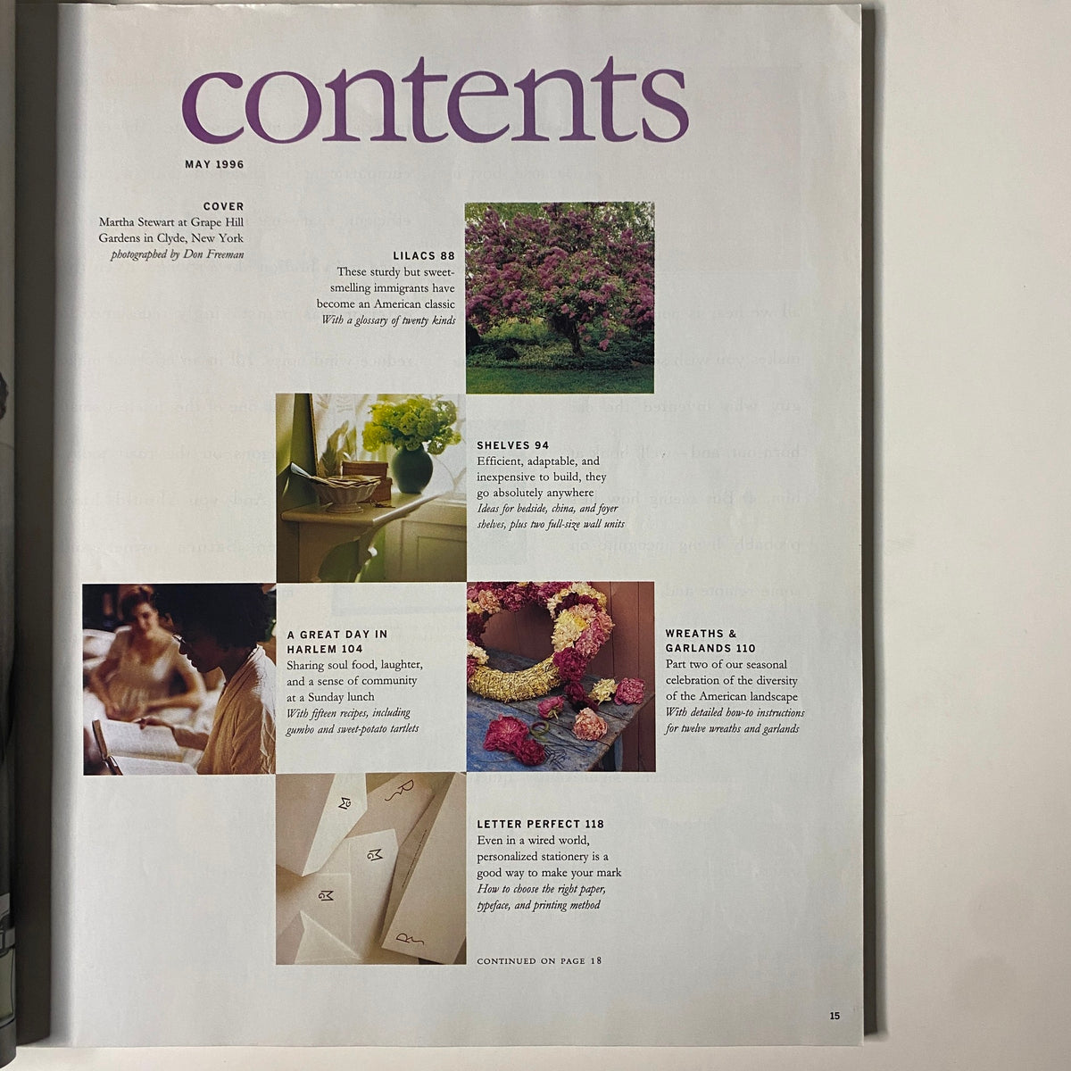 Contents page of Martha Stewart Living Magazine May 1996, showcasing articles about lilacs, shelves, and wreaths & garlands with accompanying images.