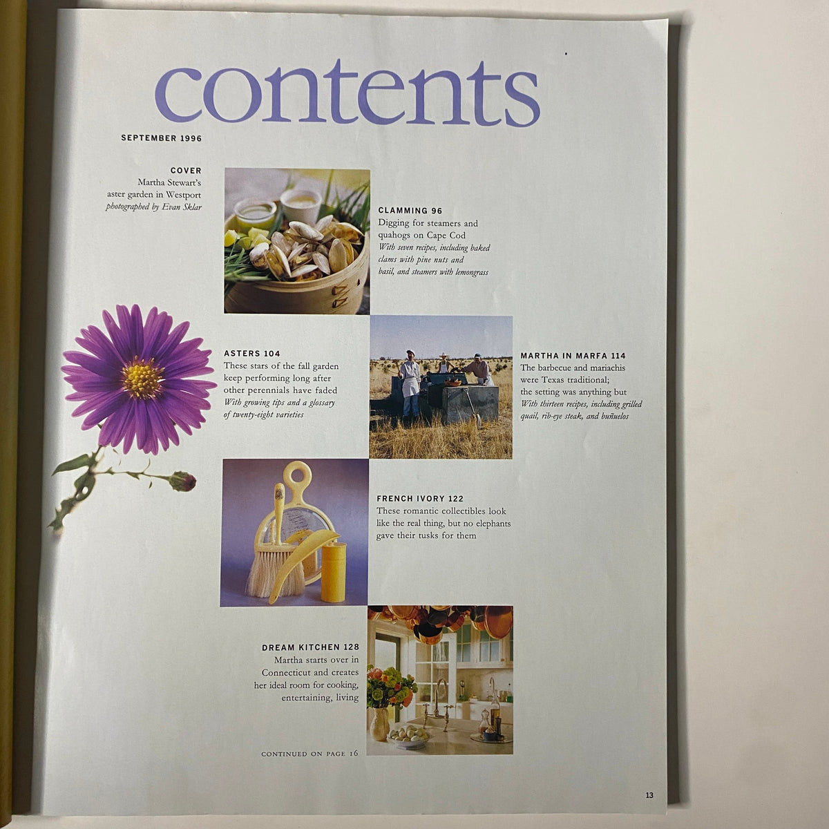 Contents page from Martha Stewart Living Magazine September 1996 featuring highlights including 'Clamming', 'Asters', and 'Dream Kitchen' articles, underscored by a vibrant aster flower.