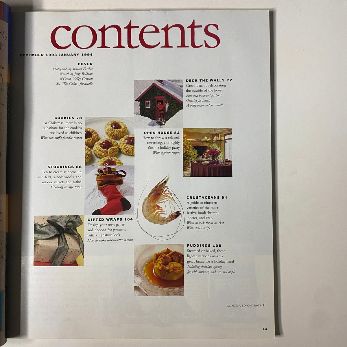 Contents page of Martha Stewart Living Magazine, December 1993, highlighting festive topics like cookies, gift wrapping, and holiday decorations.