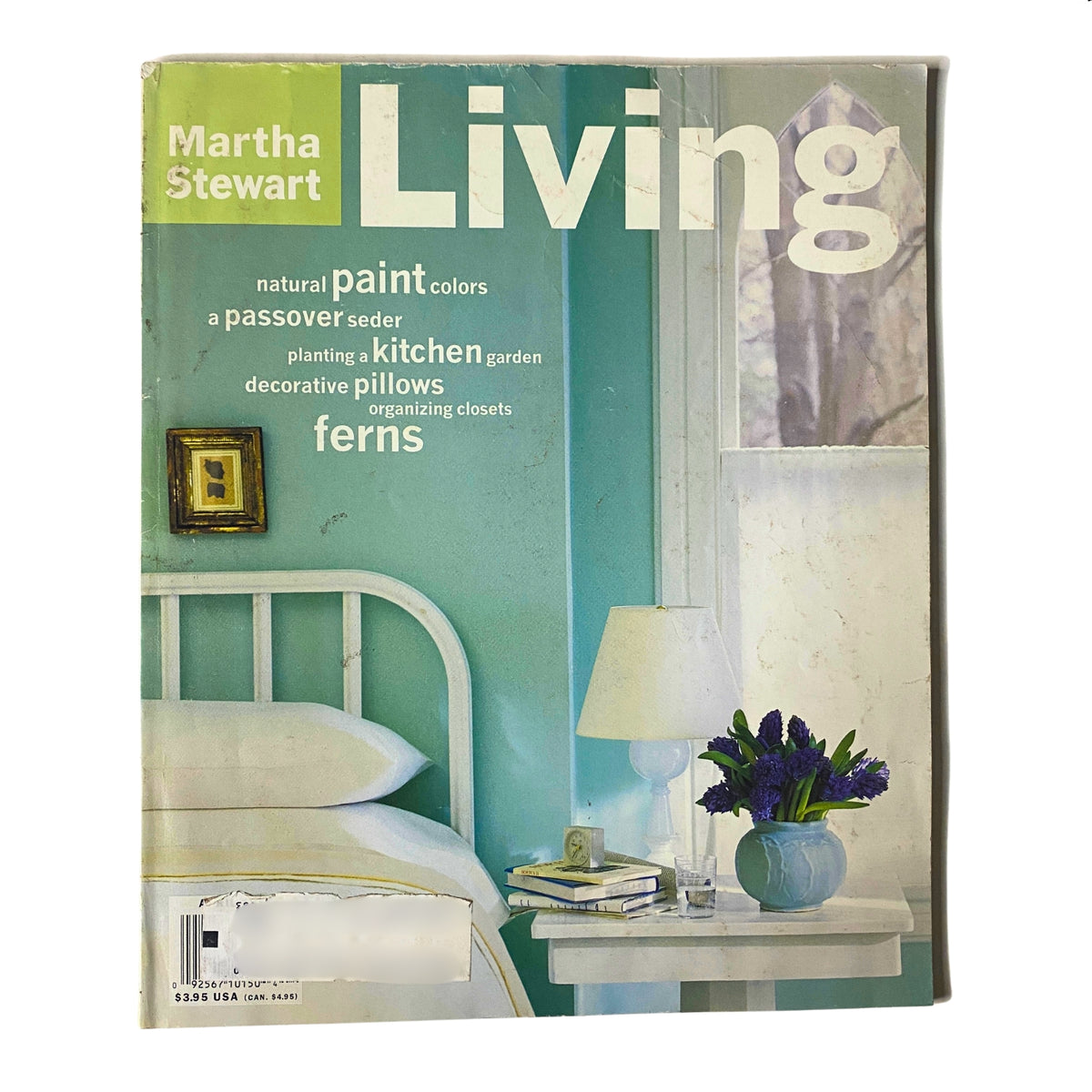 Cover of Martha Stewart Living Magazine April 1995 featuring a serene Swedish-inspired bedroom in soft eggshell blues and greens.