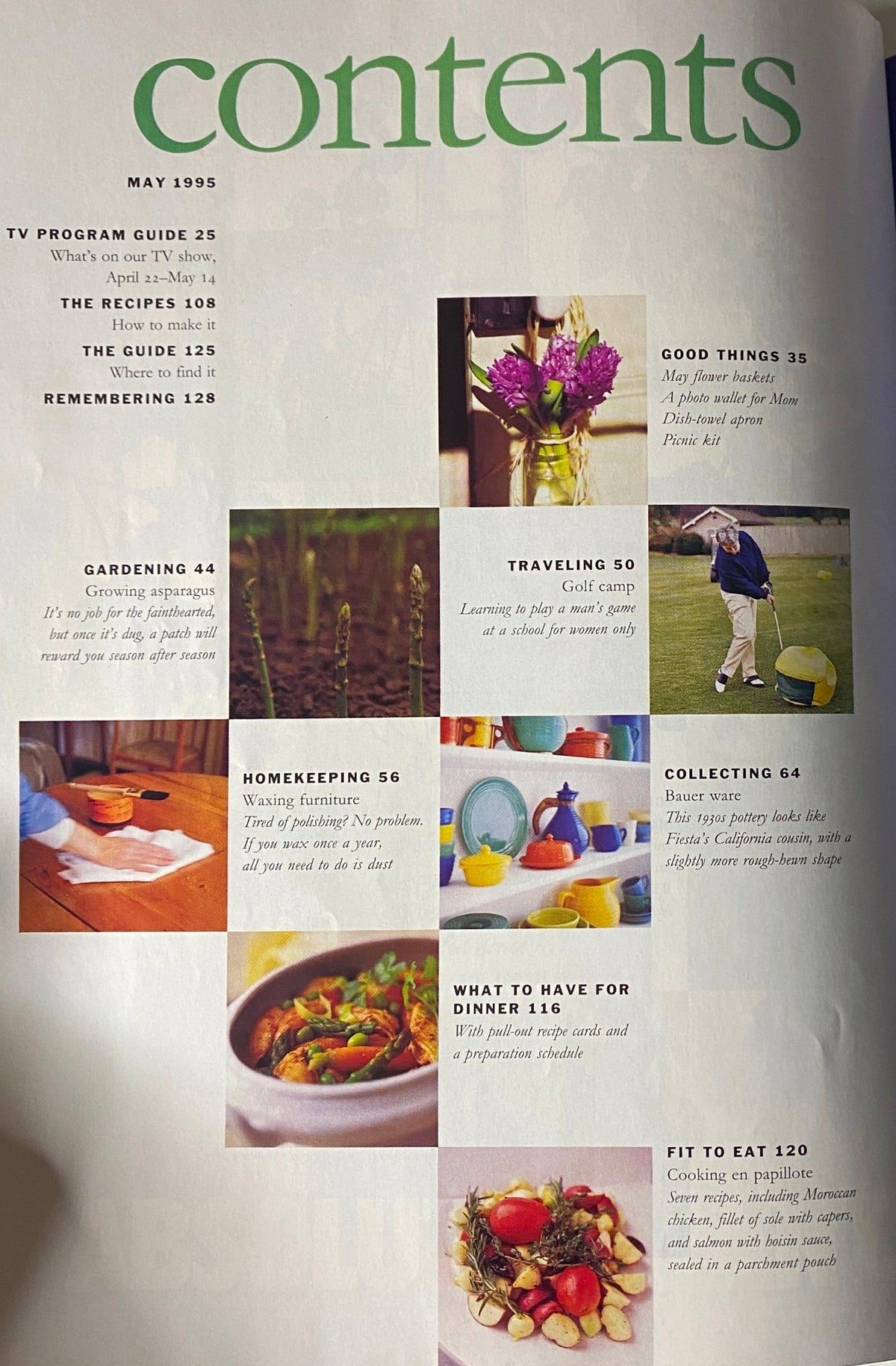 Contents page of Martha Stewart Living Magazine, May 1995, outlining articles on gardening, homekeeping, and meal planning.