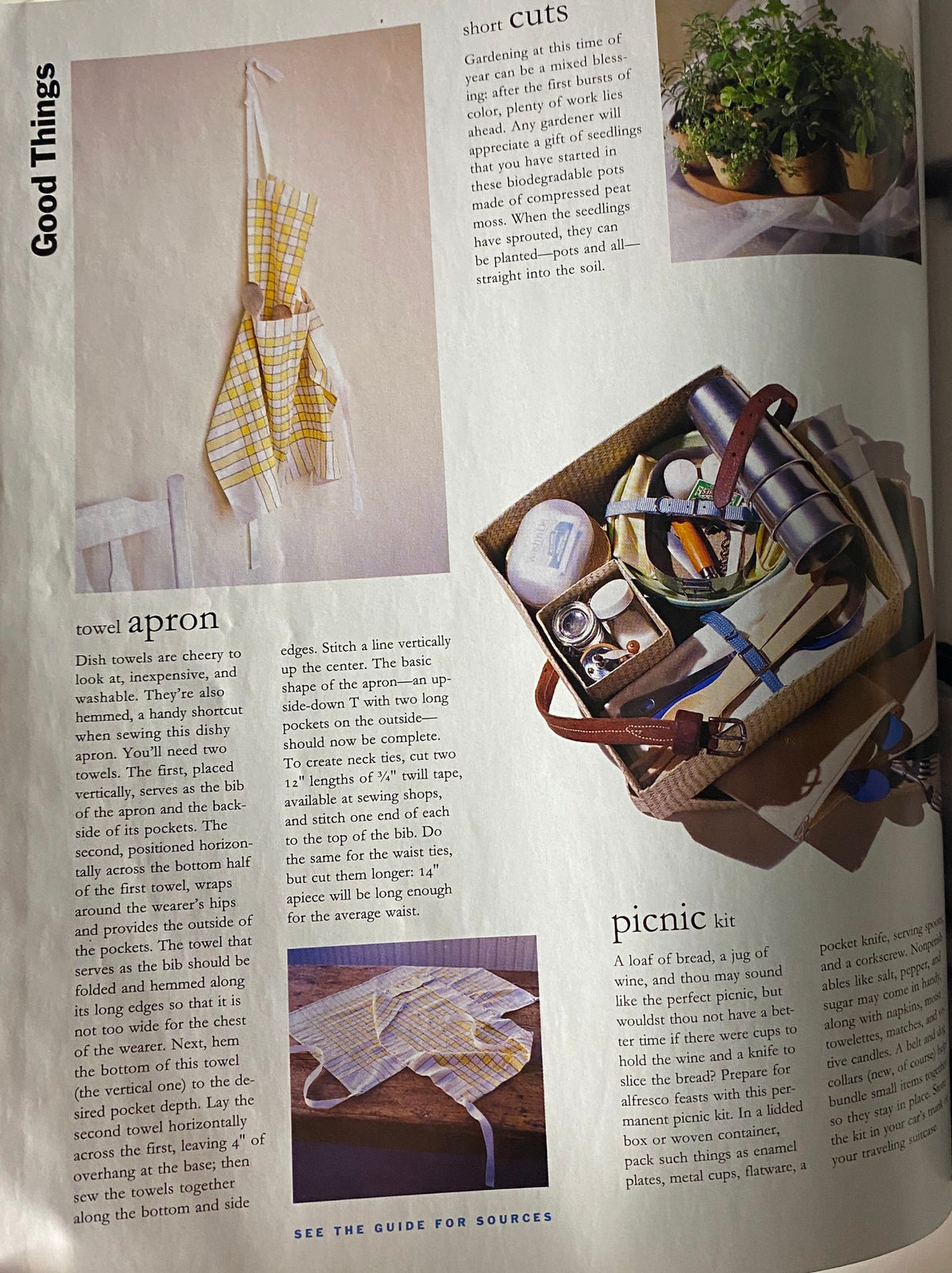 Good Things section from Martha Stewart Living Magazine, May 1995, showcasing DIY projects including a dish towel apron and a picnic kit.