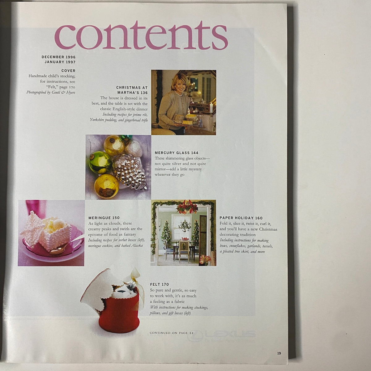 Contents page of Martha Stewart Living Magazine December 1996, featuring articles on Christmas at Martha's, Mercury Glass, Meringue, Paper Holiday, and Felt projects for holiday decorations.