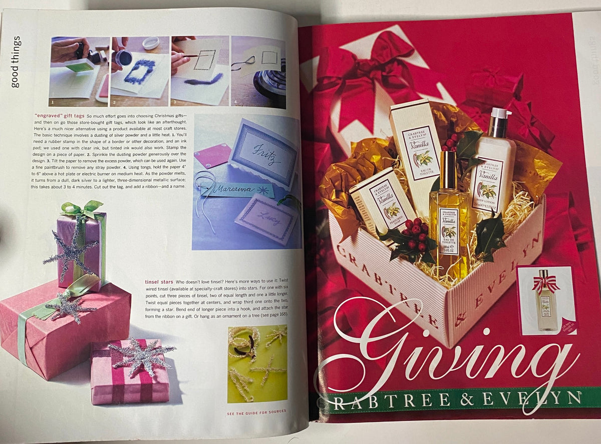 Page from Martha Stewart Living Magazine December 1996 showcasing gift wrapping ideas with tips for creating engraved gift tags and using tinsel stars for decorations.