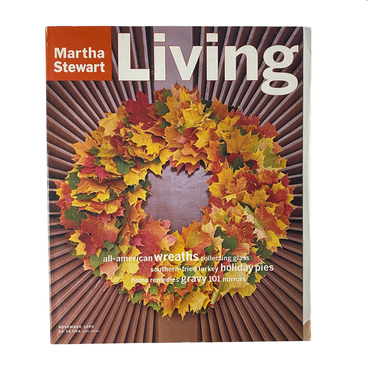 Cover of Martha Stewart Living Magazine November 1996 featuring all-American wreaths with autumn leaves, showcasing seasonal home décor. Ideal for collectors of vintage magazines.