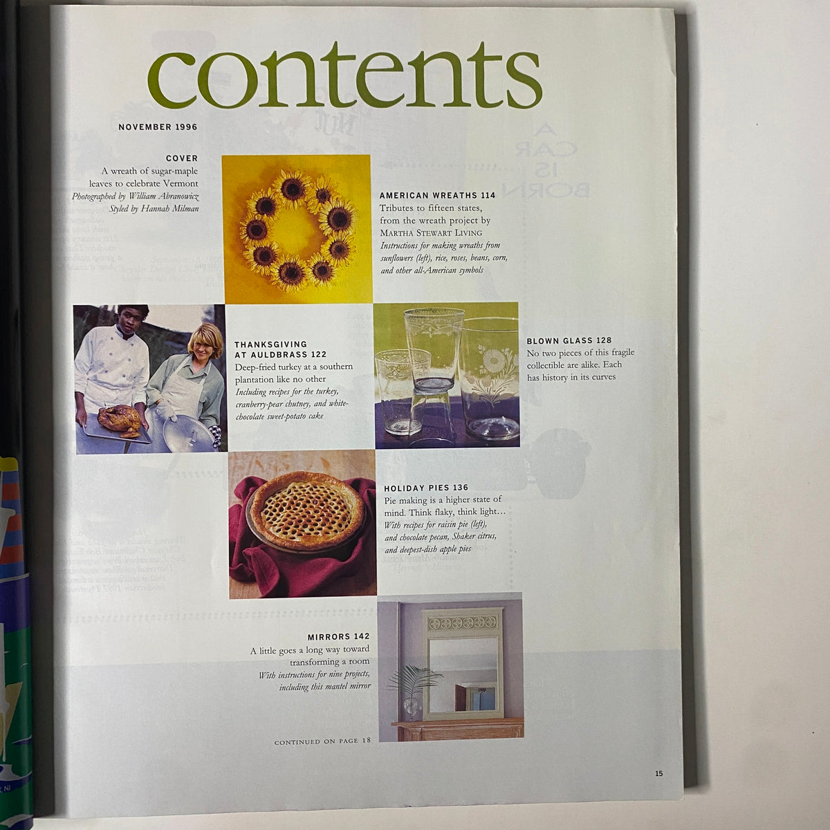 Contents page from Martha Stewart Living Magazine November 1996 featuring articles on All-American wreaths, Thanksgiving at Auldbrass, blown glass, holiday pies, and mirrors.