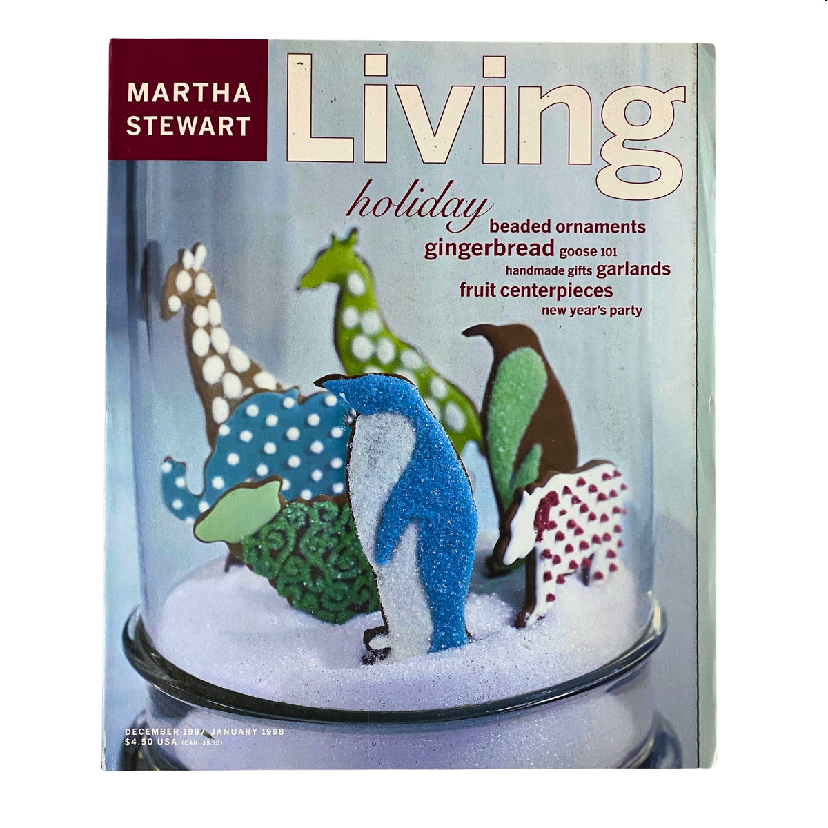 Martha Stewart Living Magazine December 1997 featuring beaded ornaments, gingerbread, fruit centerpieces, and New Year's party ideas. The cover showcases colorful holiday-themed cookies in a jar with decorative sprinkles on a snowy background.