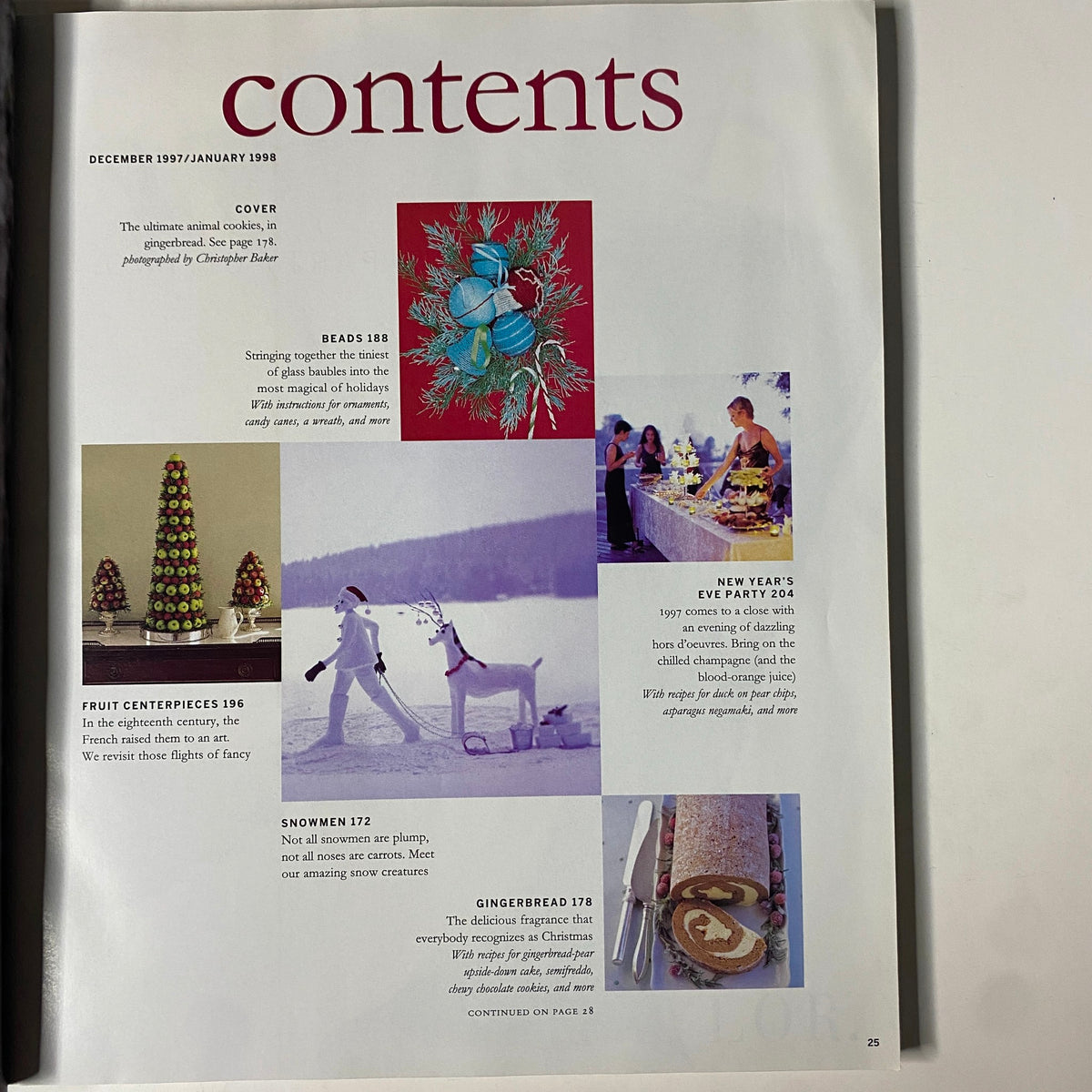 Martha Stewart Living Magazine December 1997 Beaded Ornaments No Label VG. Contents page featuring decorative ideas for the holiday season, including beaded ornaments, fruit centerpieces, snowmen designs, gingerbread recipes, and New Year's Eve party preparations.