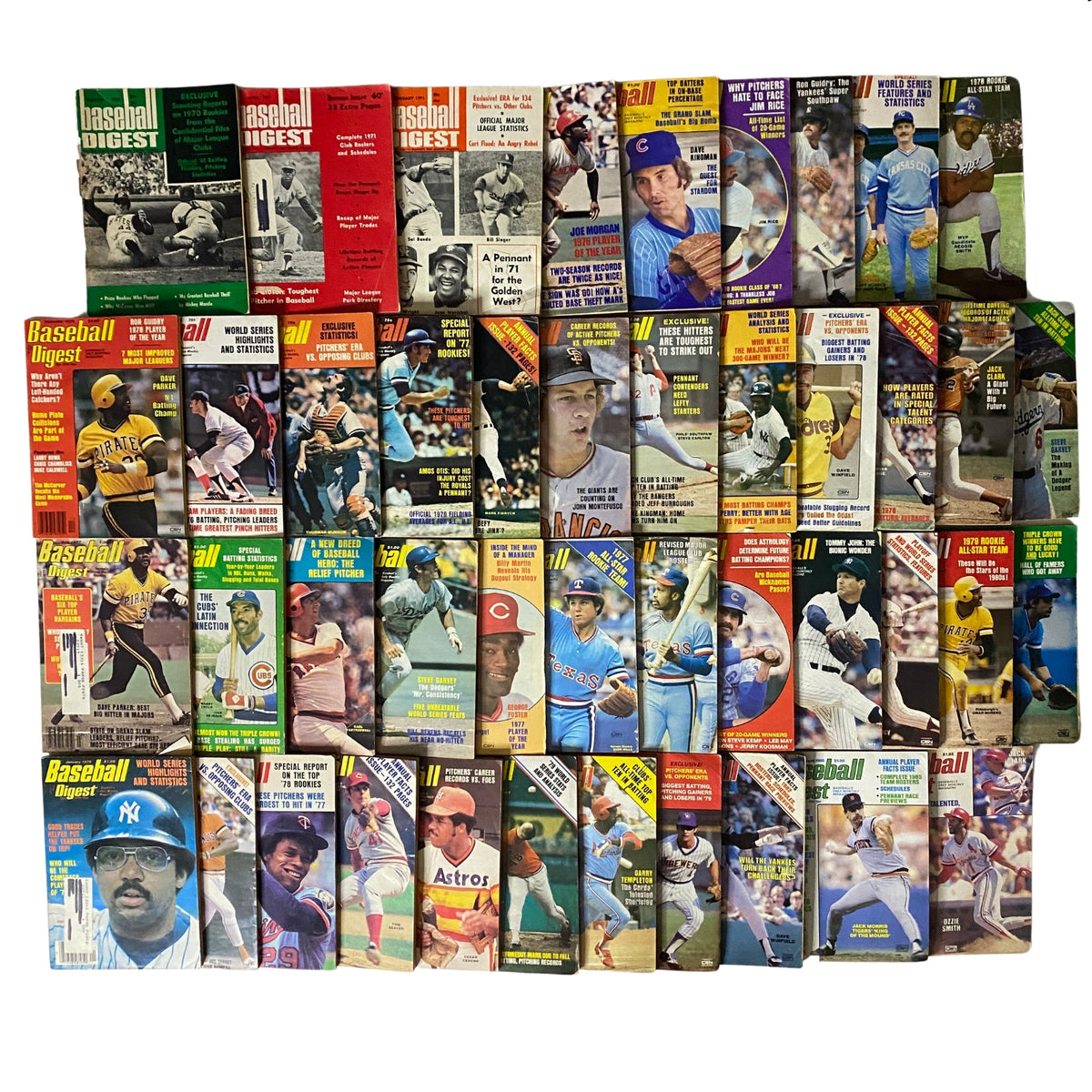Collection of 44 Baseball Digest magazines from 1970 to 1987, featuring vintage covers and player profiles, capturing key moments and statistics in baseball history. Rare Baseball Digest Collection – Lot of 44 Issues (1970–1987) – Includes Complete 1977–1979 Sets.