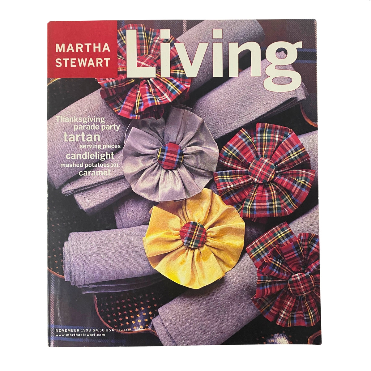 Cover of Martha Stewart Living November 1998 Thanksgiving Parade magazine featuring tartan rosettes on rolled napkins and highlighting Thanksgiving-themed content.