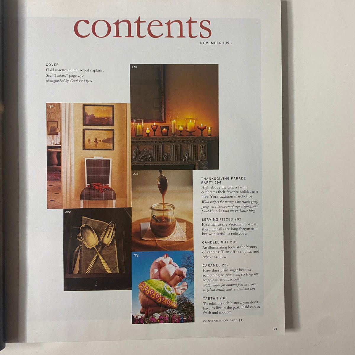Contents page of Martha Stewart Living November 1998 Thanksgiving Parade magazine, listing features on Thanksgiving festivities, serving pieces, and seasonal inspirations.