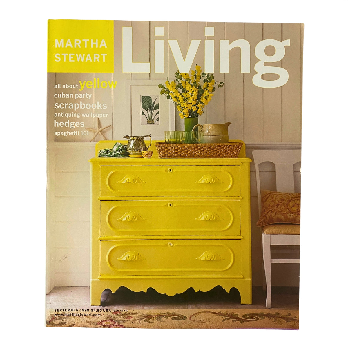 Cover of Martha Stewart Living Magazine September 1998 featuring a bright yellow dresser, flowers, and home decor tips.