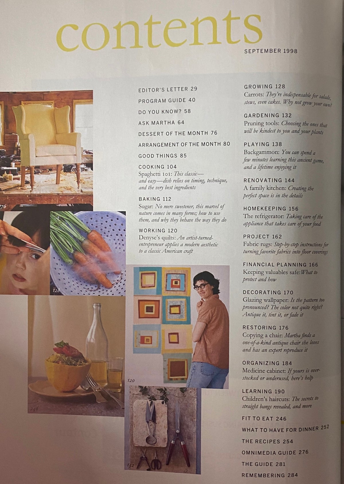 Contents page of Martha Stewart Living Magazine September 1998, detailing articles on cooking, gardening, and home organization.