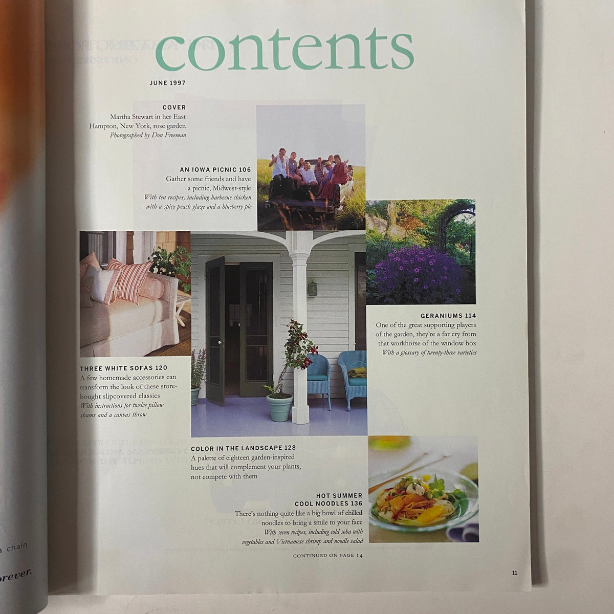 Interior contents page of Martha Stewart Living Magazine June 1997, listing articles on summer picnics, geranium gardening, and home decor tips.