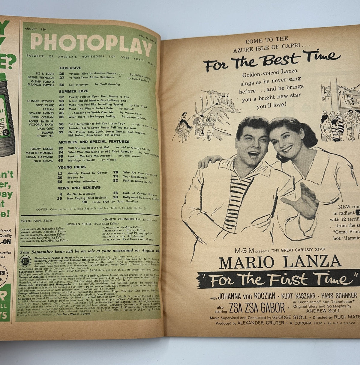 Inside spread of Photoplay Magazine August 1959 featuring an advertisement for Mario Lanza's film with a vibrant layout and images of the star.