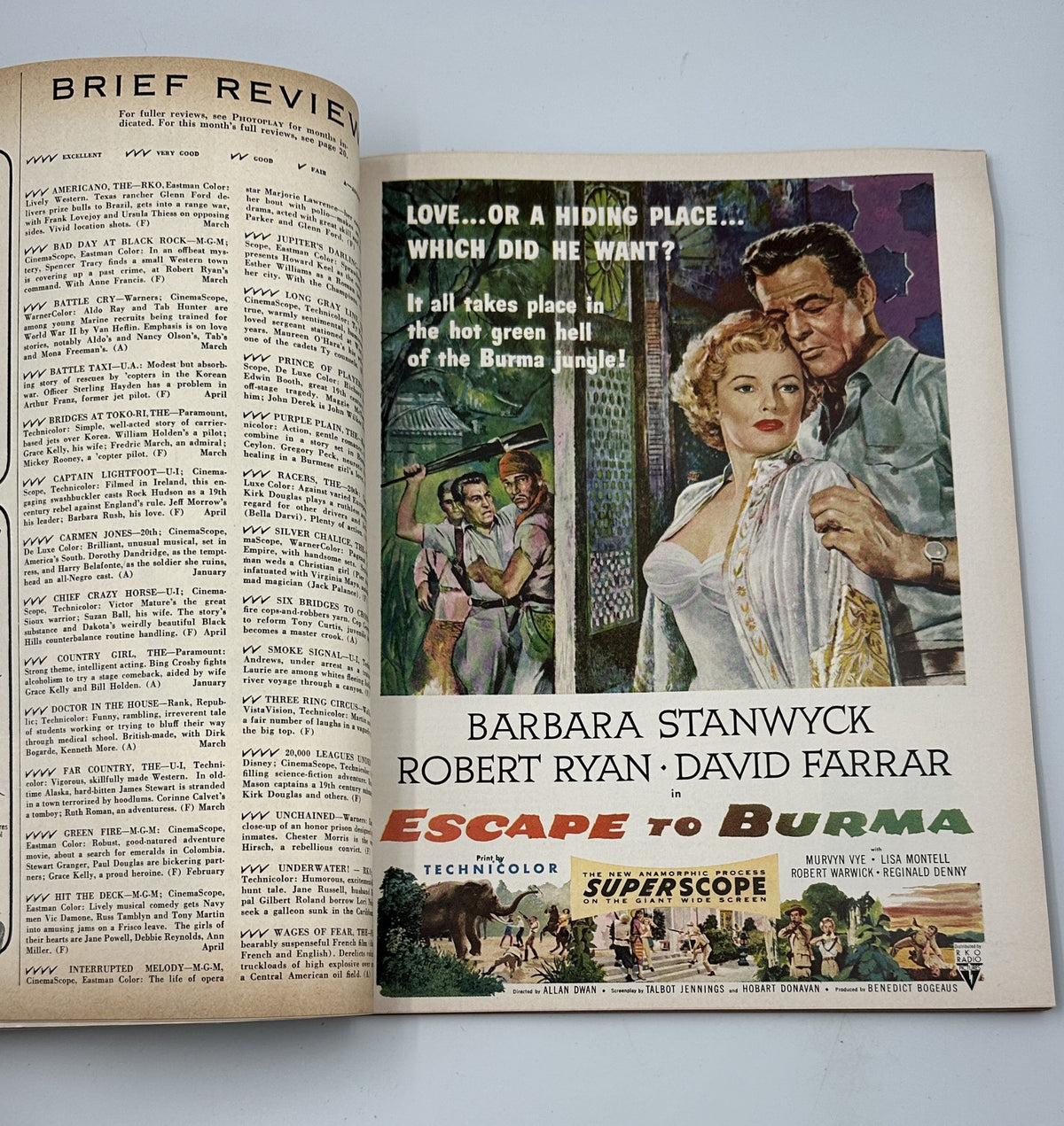 Inside page of Photoplay Magazine, May 1955 showcasing a movie advertisement for 'Escape to Burma' featuring Barbara Stanwyck and Robert Ryan.