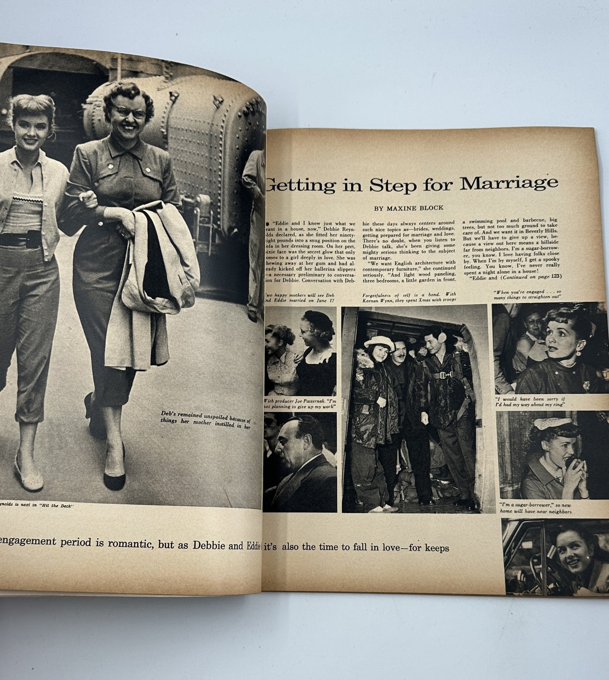 Inside photo spread in Photoplay Magazine, May 1955 titled 'Getting in Step for Marriage' exploring the romance of Debbie Reynolds.
