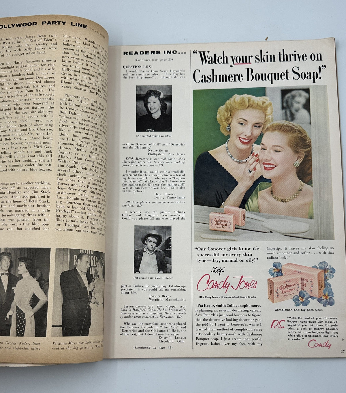 Another interior page of Photoplay Magazine October 1954 featuring advertisements and articles including 'Readers Inc.' and product promotions.