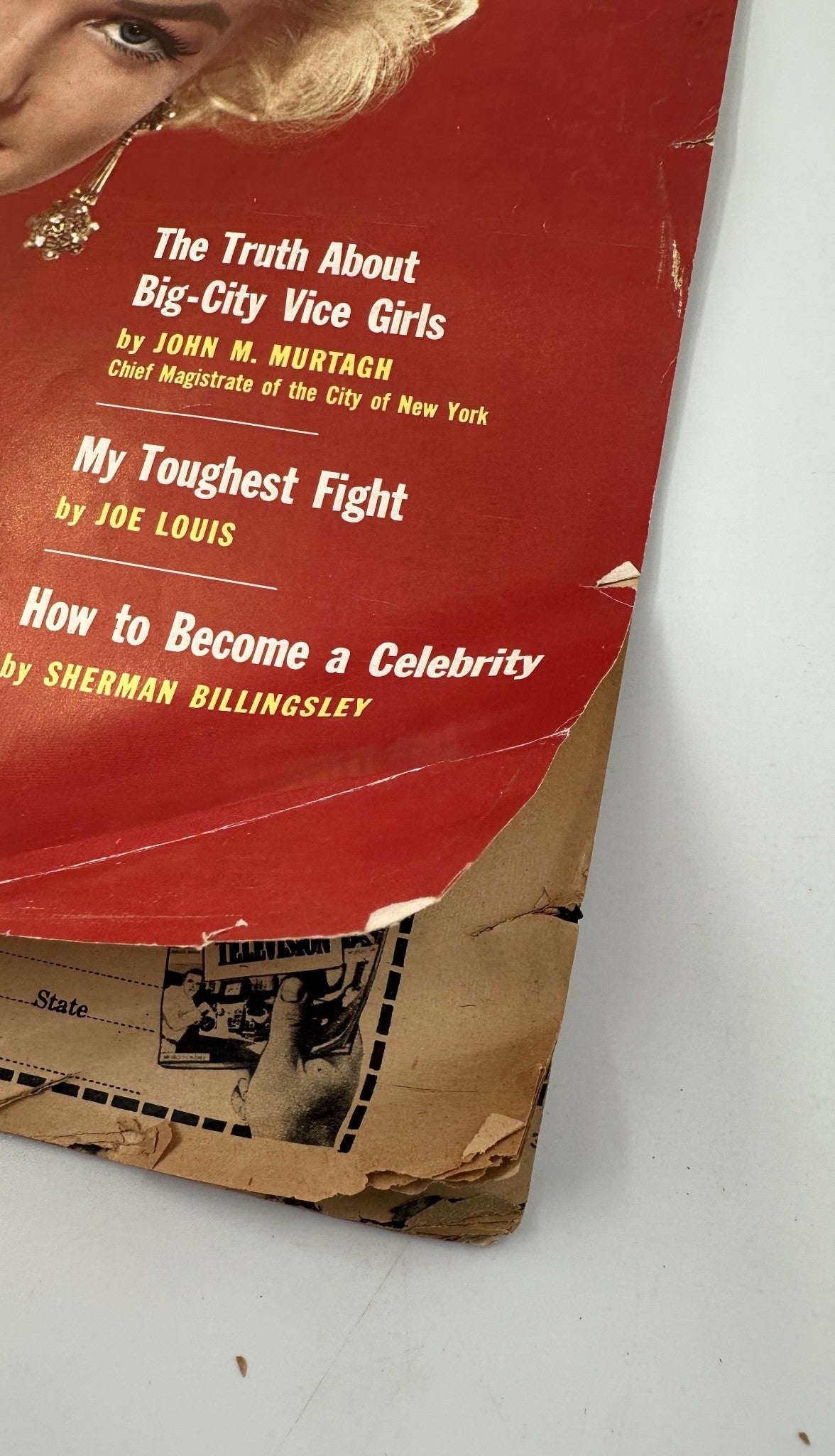 Close-up detail of See Magazine's November 1953 cover showcasing Marilyn Monroe, highlighting articles like 'The Truth About Big-City Vice Girls' and 'My Toughest Fight'.